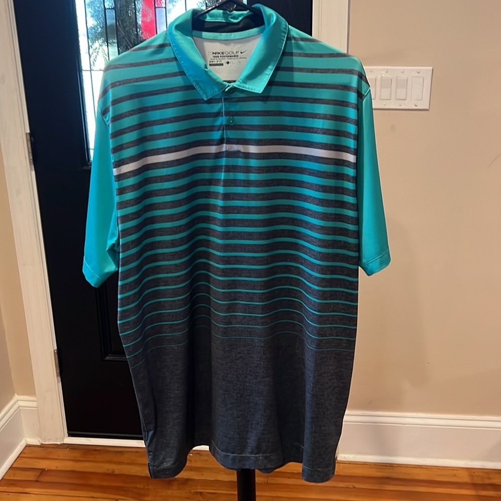 Bundle of 2 Nike Golf Polos. Black and Aqua Striped.